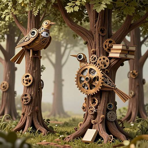 Whimsical digital art: two steampunk birds perched on intricately geared wooden trees in a sunlit forest, with gears, books,