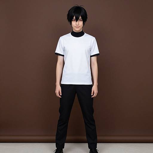 Photograph of an Asian teenage boy with black, messy hair, wearing a white T-shirt with black trim, black pants, and standing against a dark