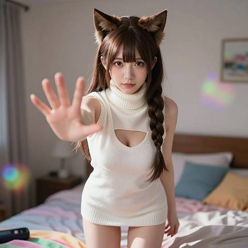 Photograph of an Asian woman with brown cat ears, long braided hair, wearing a white sleeveless turtleneck, reaching forward, in a