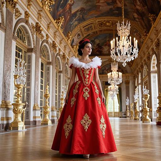 Elegant Woman in Red Gown at Versailles