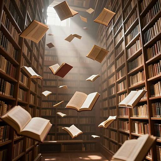 Photograph of a library with sunlight streaming in, illuminating floating open books amidst tall, dark wooden bookshelves on both sides.