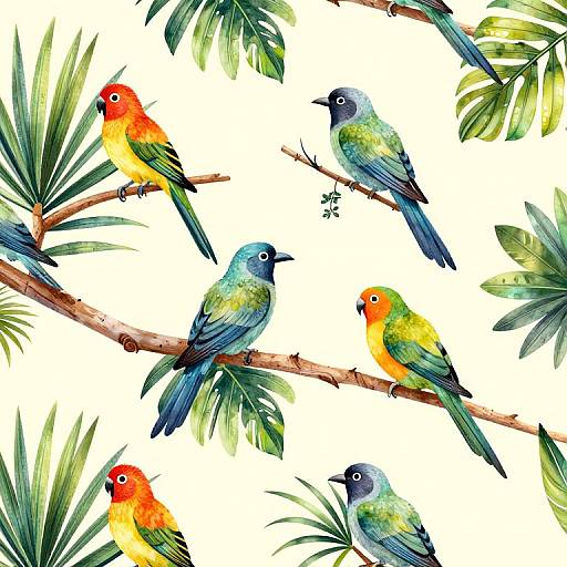 Watercolor illustration of vibrant tropical birds with red, yellow, green, and blue plumage, perched on branches amidst lush green leaves. White background