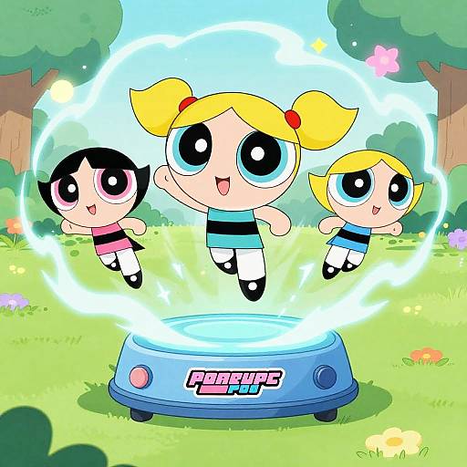 Digital cartoon of three chibi-style children with large eyes, jumping around a glowing trampoline in a colorful, sunny park.