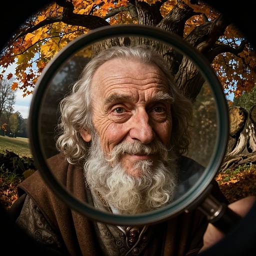 Photograph of an elderly man with a white beard, looking through a magnifying glass, autumn leaves in the background.