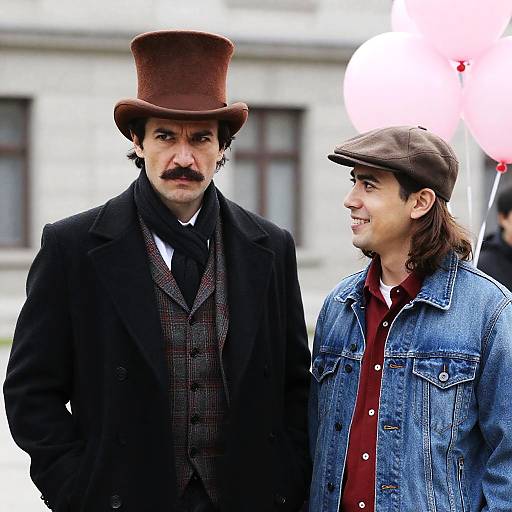 Two Men Outdoors with Vintage and Casual Styles