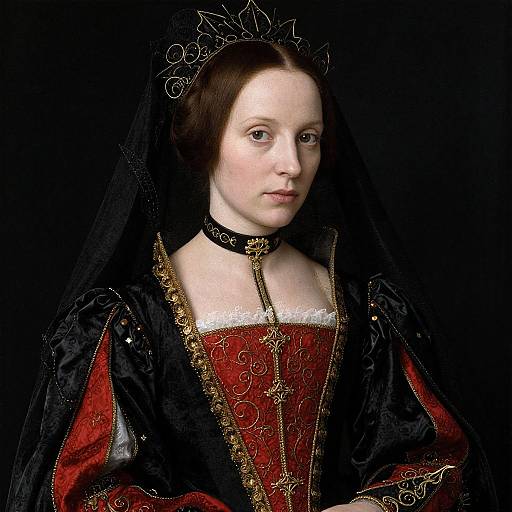 Photograph of a pale-skinned, brown-haired woman in 16th-century Renaissance attire, featuring a black veil, red and black embroidered dress,