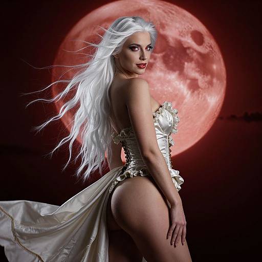 Photograph-style digital art of a white-haired woman in a revealing silver corset and flowing skirt, standing before a large, glowing red moon.