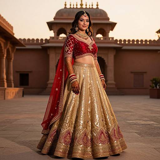 Photograph of a South Asian bride in a red and gold traditional lehenga, adorned with jewelry, standing in a sunset-lit courtyard with a dom