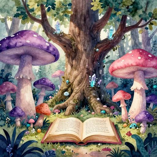 Whimsical forest scene: large purple and red mushrooms, enchanted tree, open magical book, vibrant foliage, sunlight filtering through trees, fantasy illustration.
