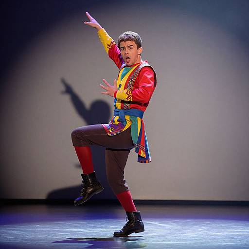 Photograph of a male dancer in colorful traditional attire, with red shirt, yellow sleeves, blue and yellow sash, black pants, and boots,