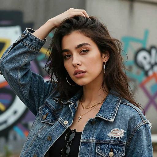 Photograph of a young woman with long, wavy dark hair, wearing a blue denim jacket, black top, hoop earrings, and gold necklace,