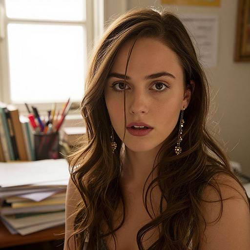 Photograph of a young woman with long brown hair, wearing dangling earrings, looking slightly surprised, in a bright, cluttered office.