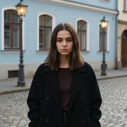 Photograph of a serious young woman with dark brown hair, wearing a black coat and top, standing on a cobblestone street in front of a