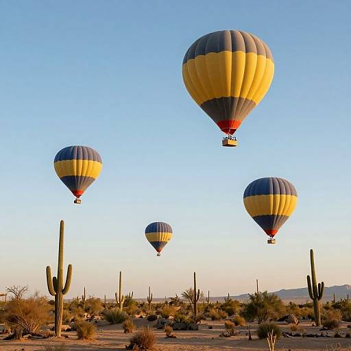 Photograph of four colorful hot air balloons floating over a desert landscape with cacti, clear blue sky, and distant mountains.