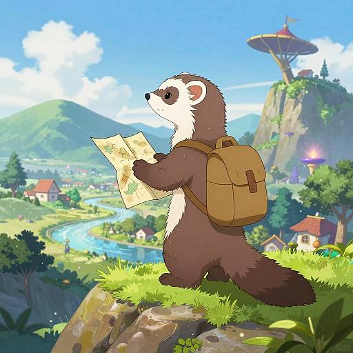 Digital illustration of a brown and white ferret with a backpack, reading a map on a grassy cliff, overlooking a vibrant, fantasy village with a