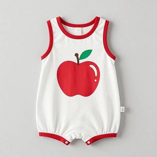 Photograph of a white baby onesie with red trim and a large red apple with a green leaf on the chest.