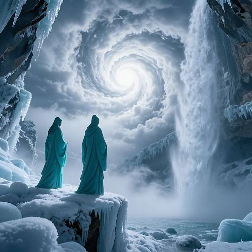Teal-Robed Statues on Icy Cliffs
