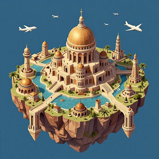 Isometric CGI of a floating, golden-domed, temple-like island with blue water, palm trees, and three white airplanes in the sky.
