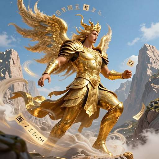 Digital artwork: Golden-winged, armored, muscular male deity with flowing hair, crowned, standing on rocky mountain peak, surrounded by swirling clouds, ancient