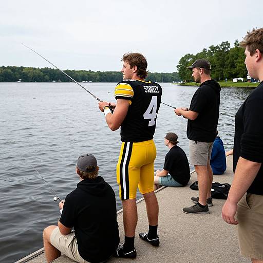 Photograph of five men fishing by a lake; one in black and yellow jersey, number 7, stands holding a rod, others sit or stand
