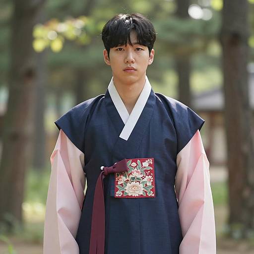 Asian Man in Traditional Korean Hanbok in Forest