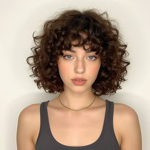 Photograph of a young woman with curly brown hair, blue eyes, fair skin, wearing a black tank top and gold necklace, against a white background