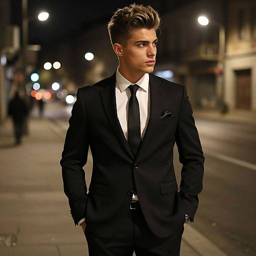 Photograph of a young, handsome man with styled brown hair in a black suit, white shirt, and black tie, standing confidently on a dimly