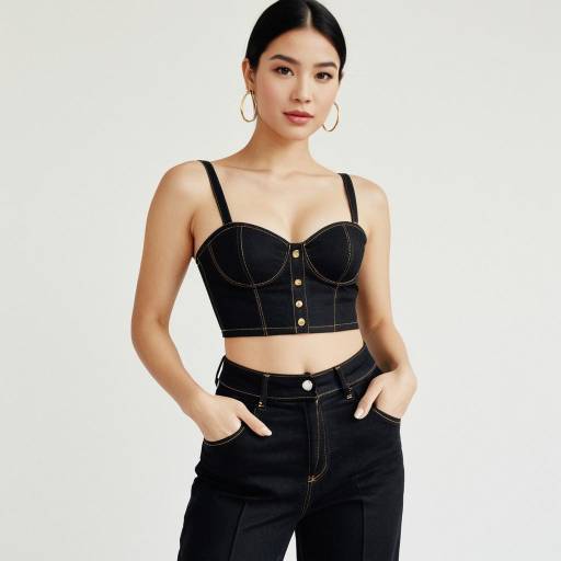 Woman in Black Denim Bustier and High-Waisted Trousers