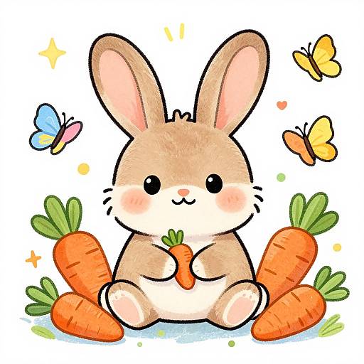 Cute digital drawing of a chubby, beige bunny with large ears, holding a carrot, surrounded by three carrots, two butterflies, and sparkles.