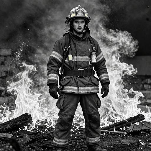 Photograph of a serious male firefighter standing in front of intense flames, wearing full gear with helmet, gloves, and oxygen tank.