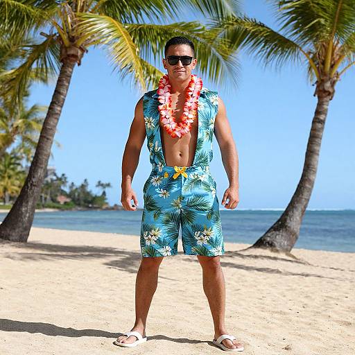 Photograph of a tan, muscular man with dark hair, wearing black sunglasses, a blue floral shirt, open to the chest, red flower lei,