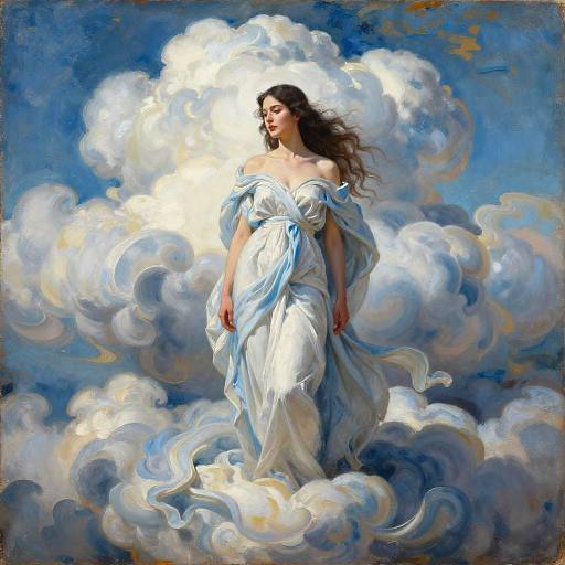 Woman Standing Among Clouds in Flowing Draperies