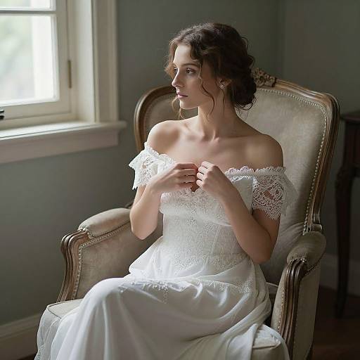 Photograph of a brunette woman with wavy hair, wearing an off-shoulder white lace wedding dress, sitting in an ornate chair by a