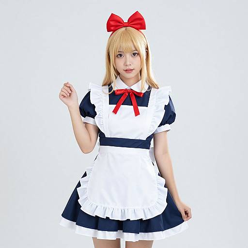 Digital artwork of a blonde girl in a black and white maid outfit with red bow, short puffed sleeves, and ruffled skirt. White background,