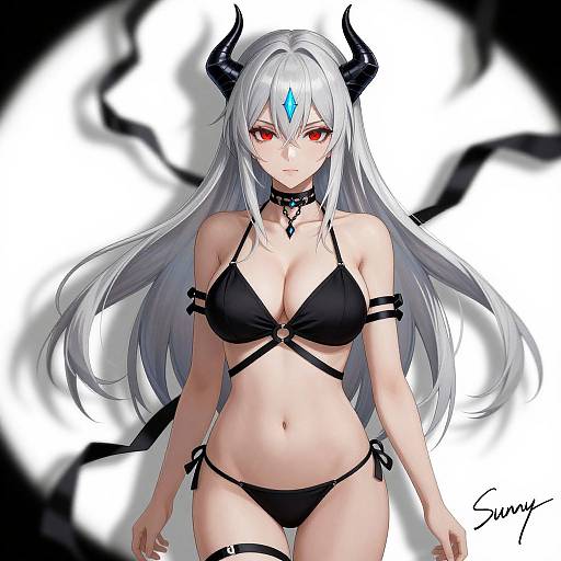 Digital anime-style drawing of a pale-skinned, white-haired demon girl with red eyes, black horns, black bikini, and blue diamond forehead gem.