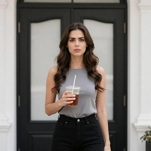 Woman Holding Iced Tea in Front of Door