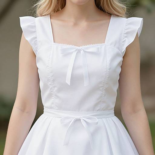 Photograph of a woman wearing a white, sleeveless, square-neck dress with ruffled shoulders and a small bow, blurred background.