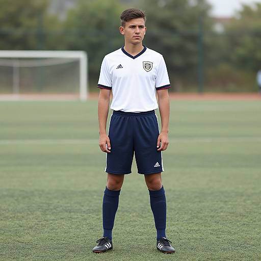 Photograph of a young male soccer player standing on a green field, wearing a white jersey, dark blue shorts, and socks, with a goalpost