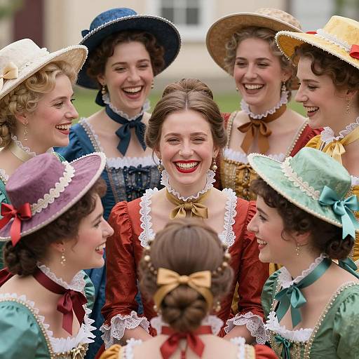 Group of Women in 18th Century Dresses and Hats