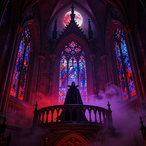 Silhouetted figure in dark cloak standing on Gothic cathedral balcony, backlit by vibrant stained glass and full moon. Purple-red mist surrounds. Phot