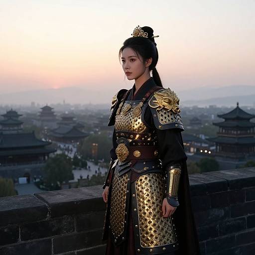 Digital illustration of an East Asian woman in ornate gold and black samurai armor, standing on a stone wall at sunset, with traditional Japanese buildings and
