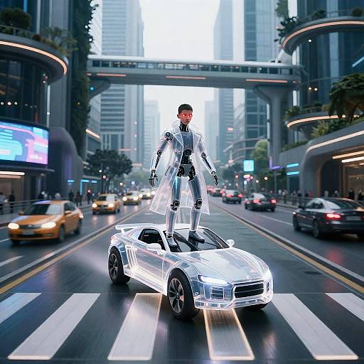 Hovercar Rooftop Teen in Neon Megacity