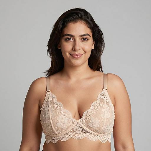 Smiling Woman Wearing Beige Lace Bra