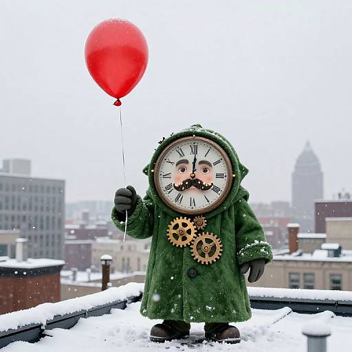 Comedic Christmas Clock Character on Rooftop