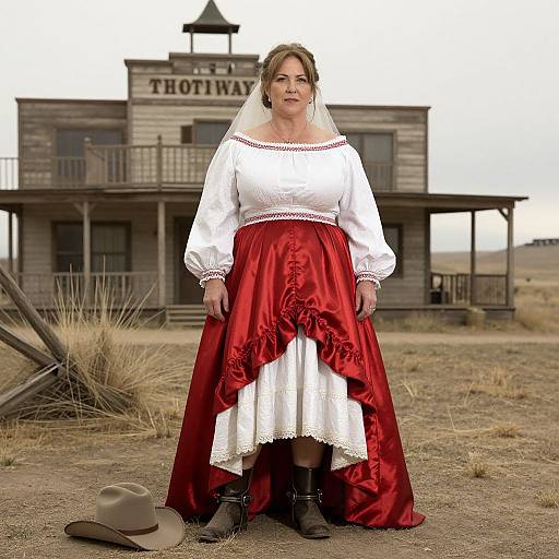 Photograph of a white-haired woman in a white blouse and red satin skirt, standing in front of a rustic Western-style saloon building in a desert