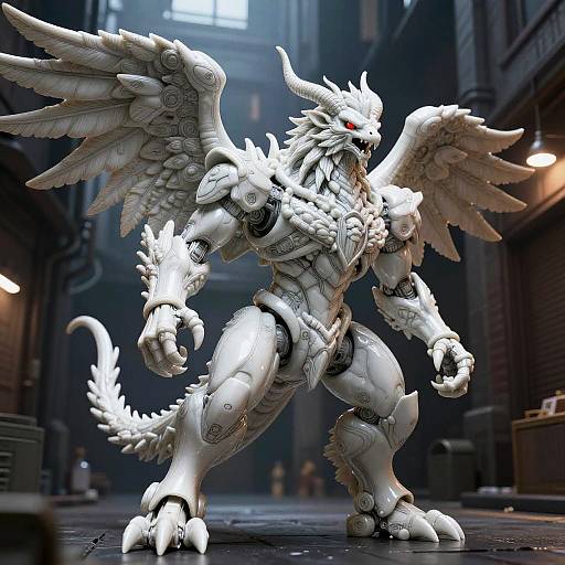 White Mecha Griffin with Red Eyes in Cyberpunk Alley