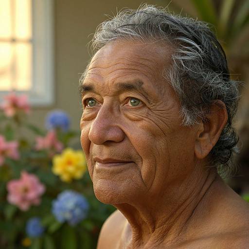 Close-up photograph of an elderly man with gray, curly hair, light brown skin, and wrinkles, smiling gently, surrounded by colorful flowers and a blurred