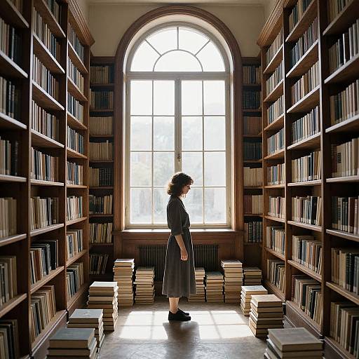 Photograph of a woman in a gray dress, standing in a sunlit library aisle, surrounded by tall wooden bookshelves and stacks of books,