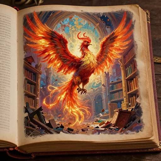 Digital painting of a fiery phoenix with outstretched wings, emerging from an open, ancient book in a crumbling library.