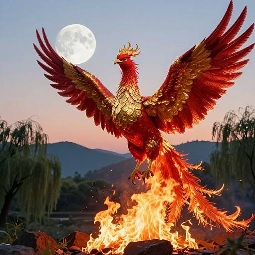 Radiant Phoenix Over Serene Landscape